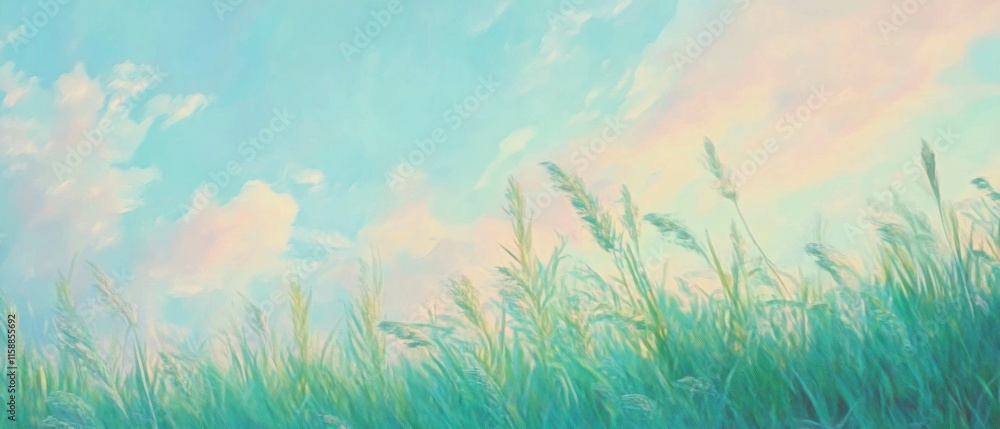 Fototapeta premium Grassy meadow illuminated by soft sunrise light in hyper-realistic painting style