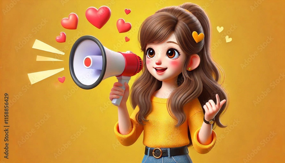 Fototapeta premium Young girl with megaphone sharing happy announcement on yellow background, 3d illustration
