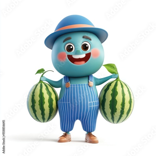 A jolly blue melon picker with a cute face and melons. vector style art 3d illustration Isolated on White Background photo