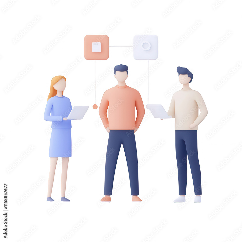 Obraz premium Three professionals collaborating on a digital project with charts and devices., isolated on a transparent background.