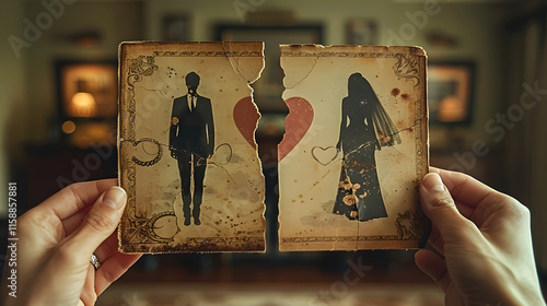 Vintage Torn Wedding Photo Symbolizing Divorce and Heartbreak