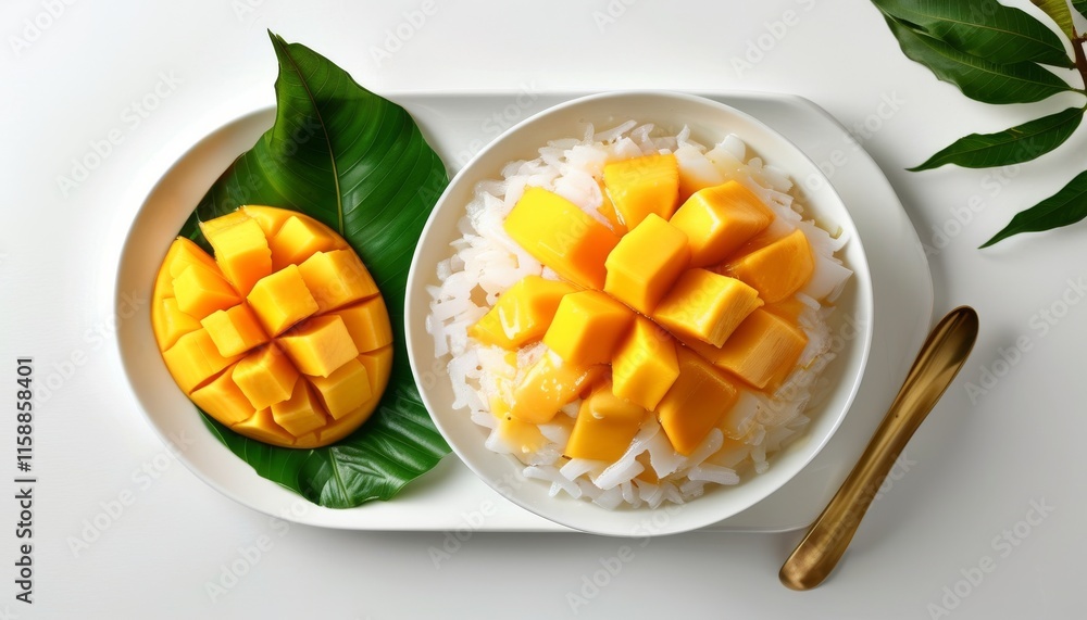 Fresh Mango with Sticky Rice Served on Elegant Plate with Leaf Decor Fresh Mango with Sticky Rice Served on Elegant Plate with Leaf Decor