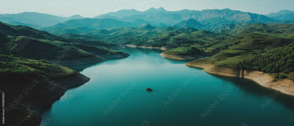 Cinematic view of a tranquil lake nestled among majestic mountains at dawn Cinematic view of a tranquil lake nestled among majestic mountains at dawn