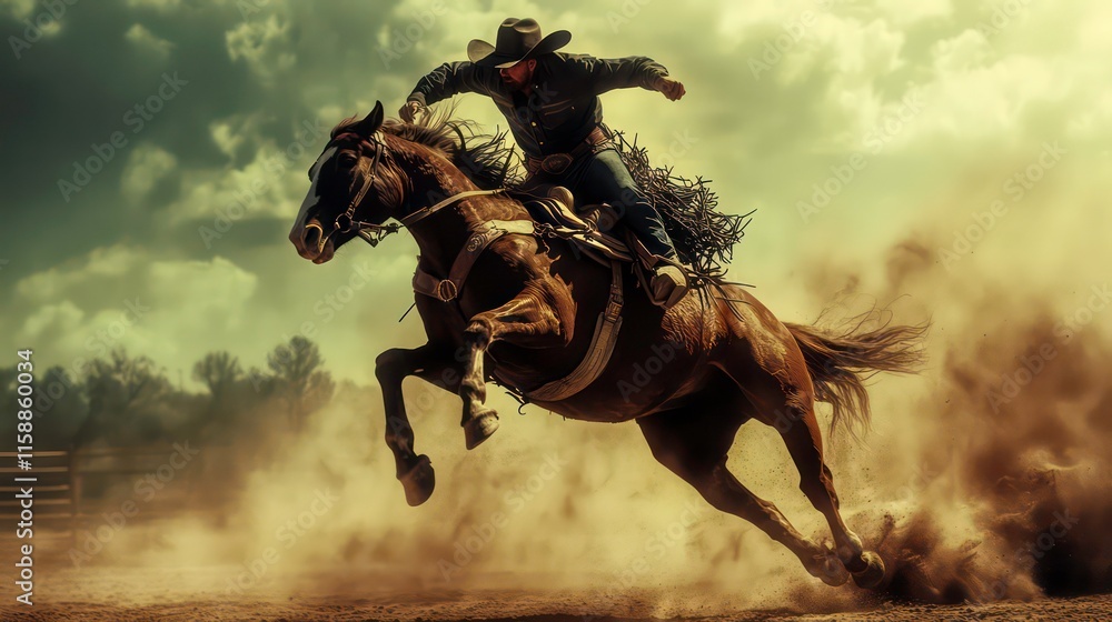 Fototapeta premium Cowboy riding a horse at full speed, kicking up dust.
