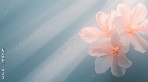 A close up of a pink flower with a blue background