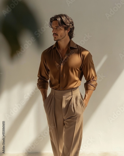 A sophisticated man in a mocha mousse shirt
