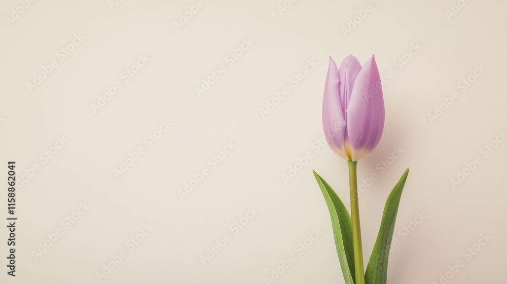 Fototapeta premium A single pastel lavender tulip against a soft cream background, close-up shot, Minimalist style