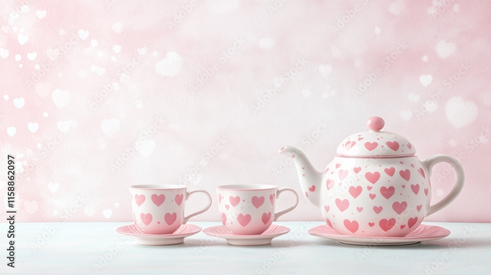 Fototapeta premium Romantic Pink Heart Porcelain Tea Set for Weddings