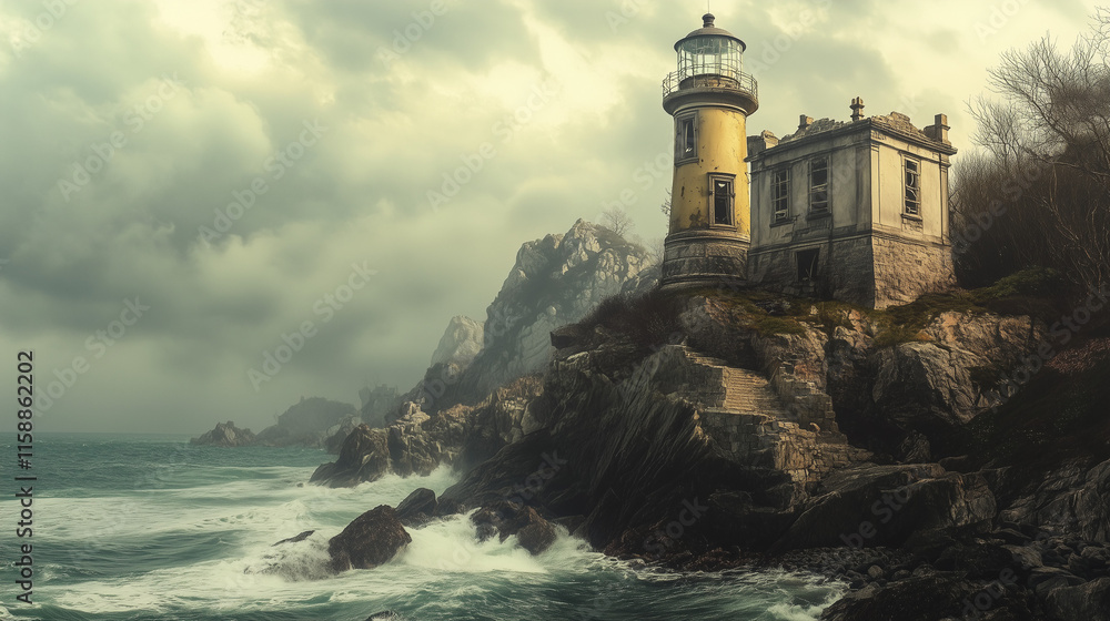 Obraz premium Crumbling lighthouse perched on rugged coastal cliffs under stormy skies