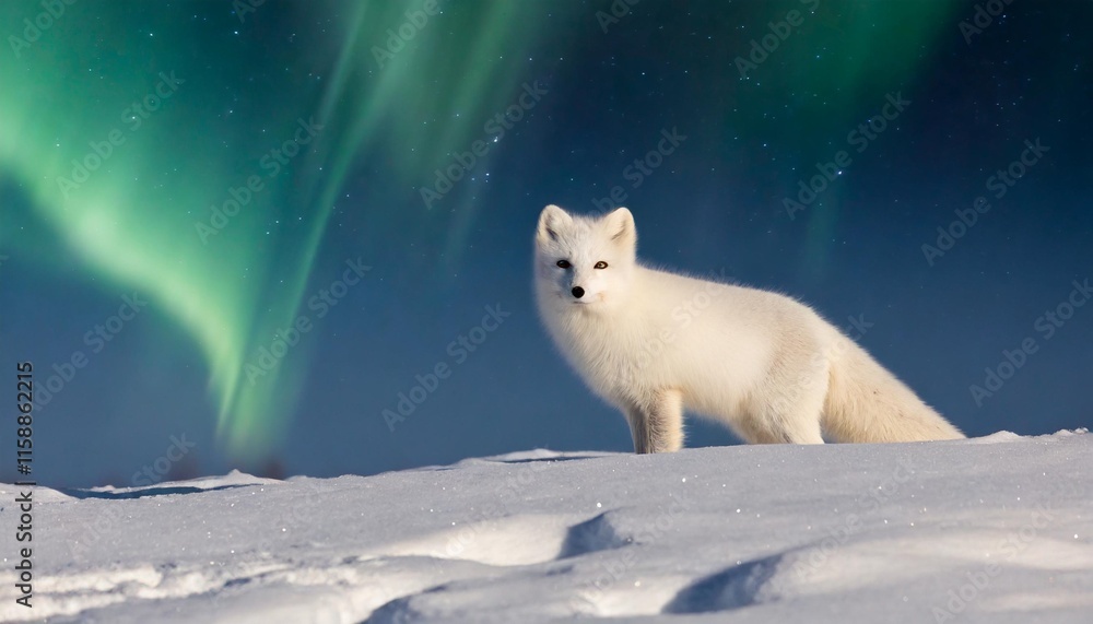 Enchanting Arctic Fox Camouflaged in Snowy Tundra Under Northern Lights Enchanting Arctic Fox Camouflaged in Snowy Tundra Under Northern Lights