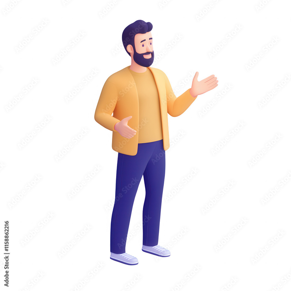 A modern 3D illustration of a confident man presenting ideas with enthusiasm., isolated on a transparent background. A modern 3D illustration of a confident man presenting ideas with enthusiasm., isolated on a transparent background.