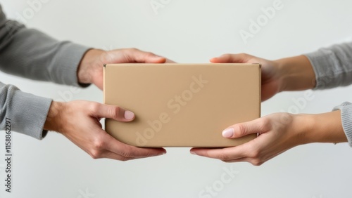Hands exchanging a cardboard box, perfect for e-commerce delivery illustration.