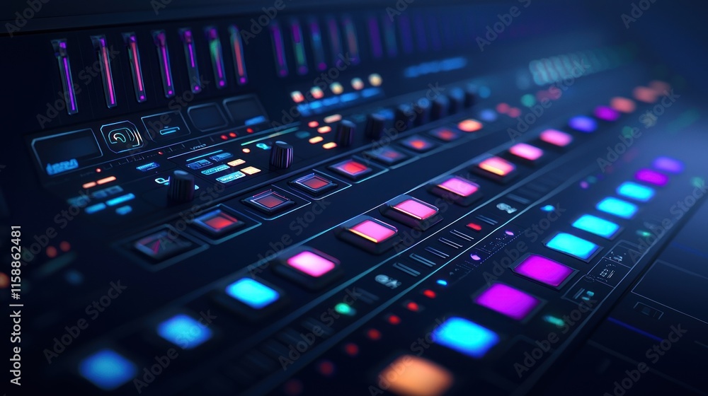 Fototapeta premium Close-up of illuminated music production console.