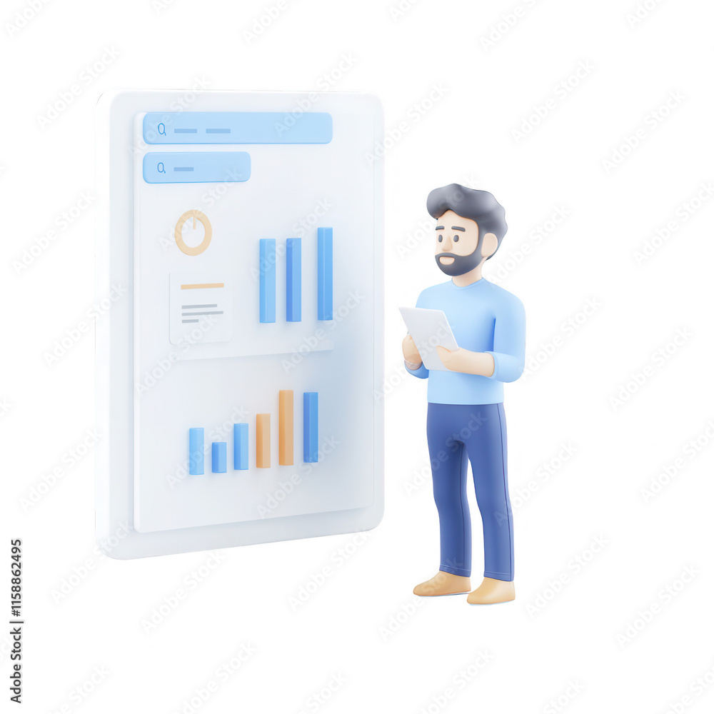 A person analyzing data trends using modern digital tools and graphs., isolated on a transparent background.