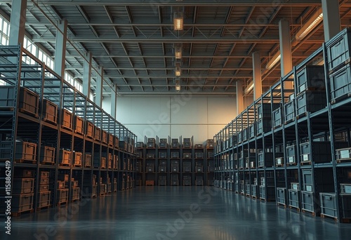 Warehouse interior with metal shelving units and crates