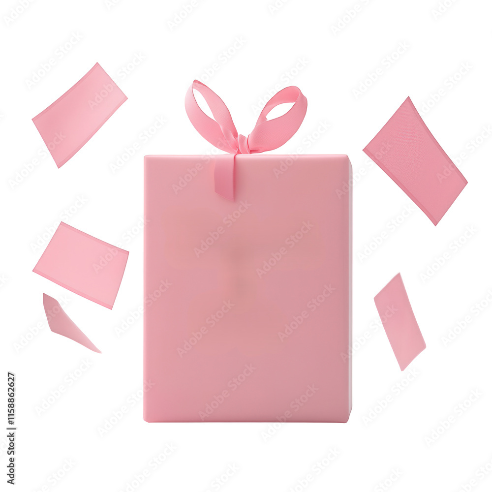A pink gift box with ribbons and scattered decorations for special occasions., isolated on a transparent background. A pink gift box with ribbons and scattered decorations for special occasions., isolated on a transparent background.