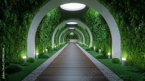 Lush green tunnel with arched pathway leading to a bright entrance photo