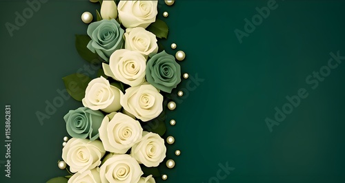 This image shows white and teal roses with pearl - like embellishments against a deep teal background.