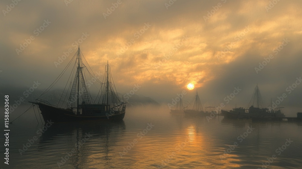 Fototapeta premium Sunrise over misty harbor with three sailing ships.