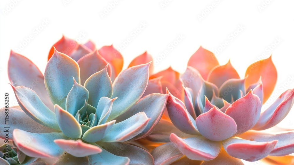 Close-up of two pastel succulents on white. Close-up of two pastel succulents on white.