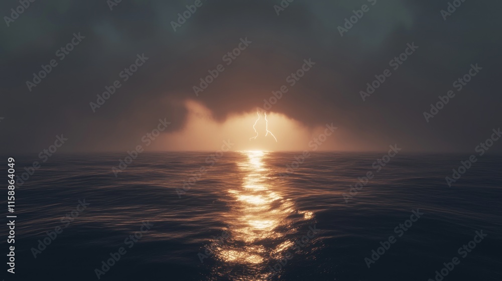 Fototapeta premium Dramatic ocean sunset with lightning strike.