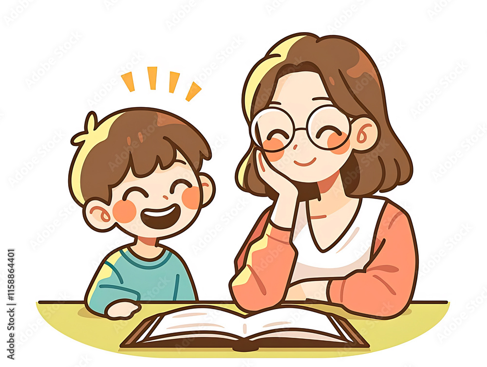 Happy mother and son reading book together at home. Happy mother and son reading book together at home.