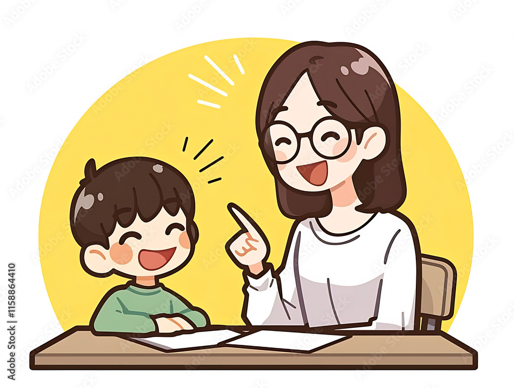 Happy teacher tutoring a cheerful child at a desk, smiling and pointing. Happy teacher tutoring a cheerful child at a desk, smiling and pointing.