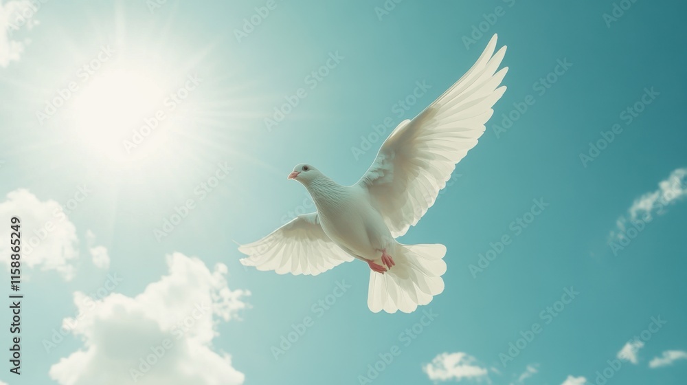 Fototapeta premium Elegant White Dove in Flight Against a Bright Blue Sky