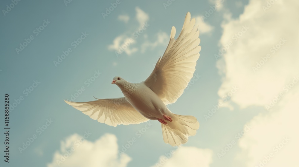 Fototapeta premium White Dove in Flight Against a Blue Sky with Fluffy Clouds