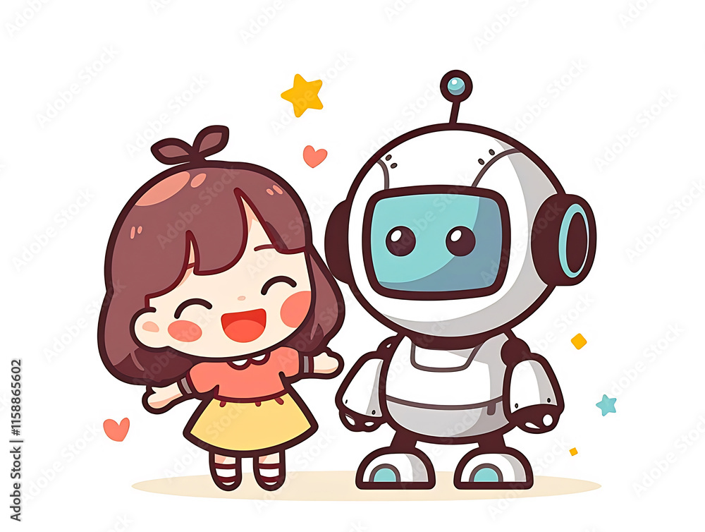 Happy girl and friendly robot standing together. Happy girl and friendly robot standing together.