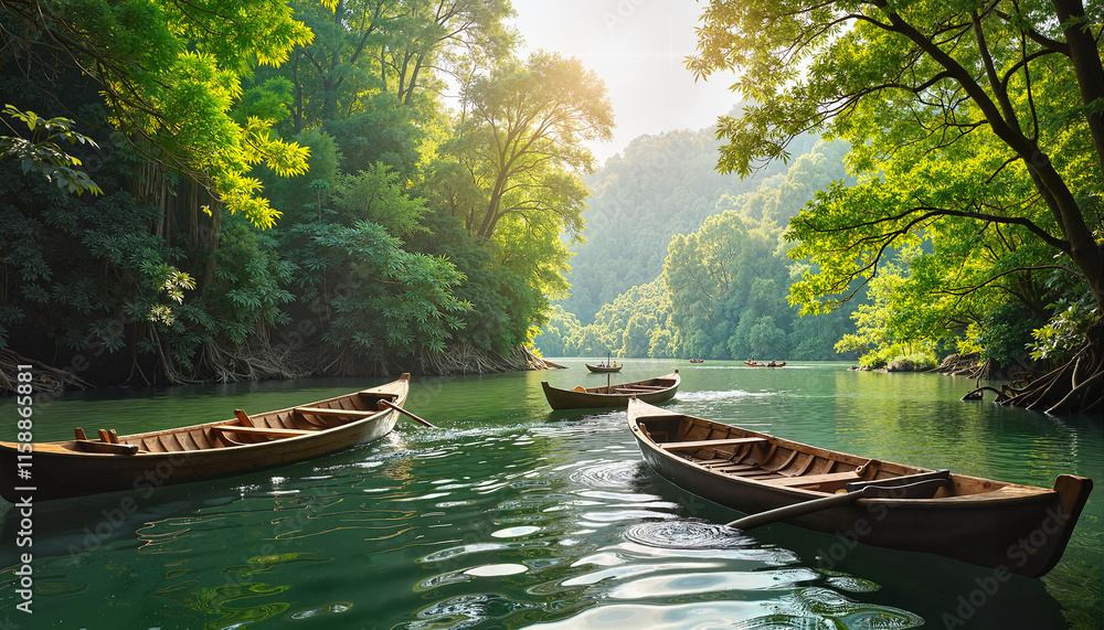 Wooden boats floating on a tranquil river in the sunlight Wooden boats floating on a tranquil river in the sunlight