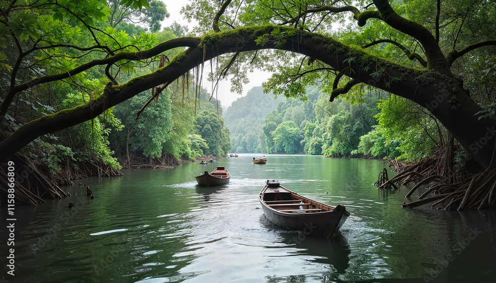 Fototapeta premium Wooden boats on a calm river under a lush tree arch