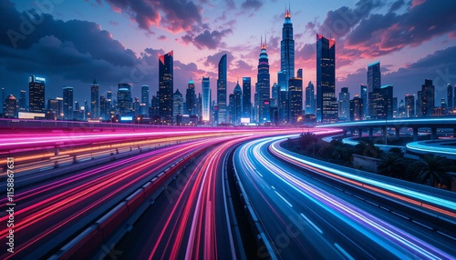 A stunning urban skyline illuminated by colorful lights and dynamic motion blur effects Generative AI photo