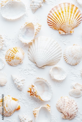 flat lay of colorful seashells arranged on white sandy background coastal decor photo