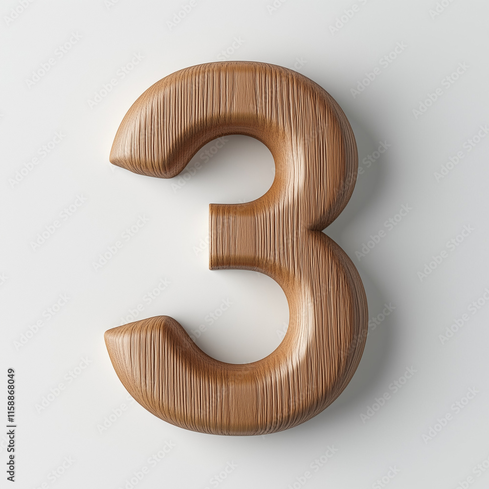 A wooden number three displayed on a light background, showcasing a textured design and natural finish. A wooden number three displayed on a light background, showcasing a textured design and natural finish.