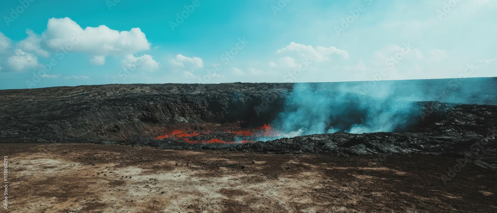 Naklejka premium Dramatic view of a volcanic landscape with smoke and lava under a bright sky