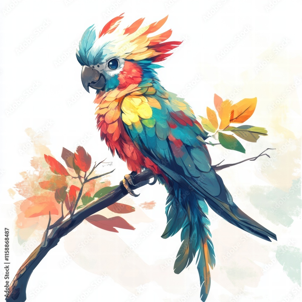 Obraz premium Bright parrot perched on a branch with vibrant colors and space for text in a lively design setting. Generative AI