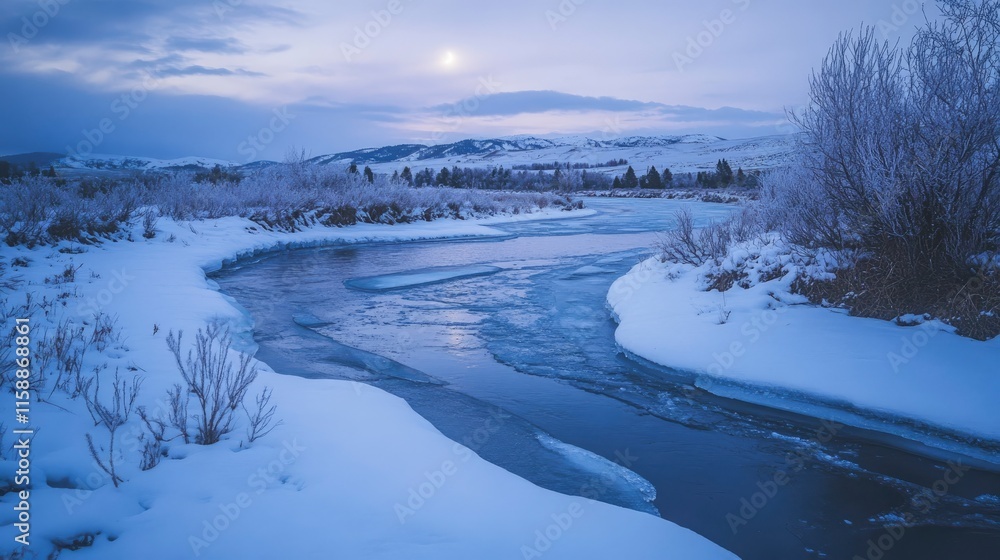 A charming winter evening with a frozen river winding through a snow-dusted landscape, the moonlight casting a soft glow on the ice. A charming winter evening with a frozen river winding through a snow-dusted landscape, the moonlight casting a soft glow on the ice.