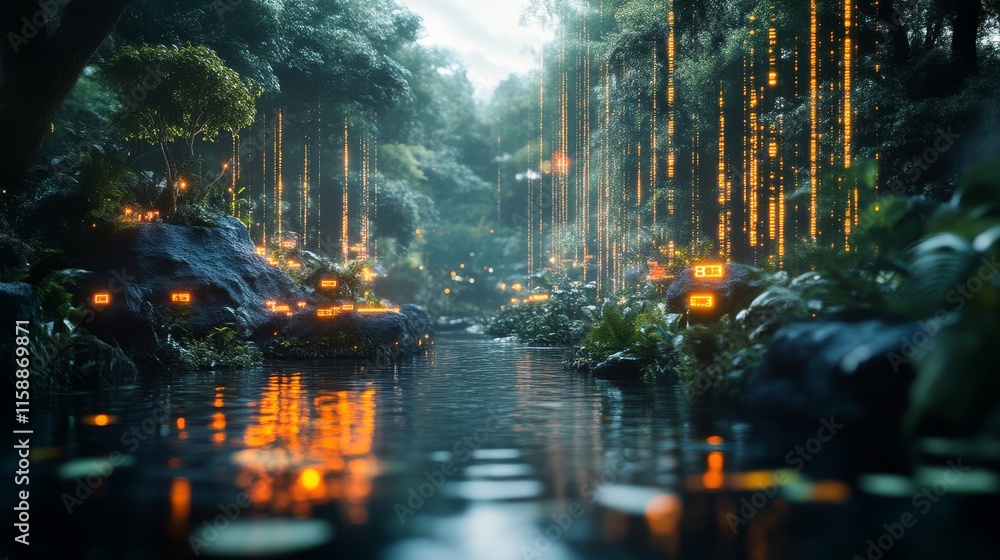A serene forest scene with a glowing river, framed by lush greenery and illuminated by soft lights, creating a magical ambiance. A serene forest scene with a glowing river, framed by lush greenery and illuminated by soft lights, creating a magical ambiance.