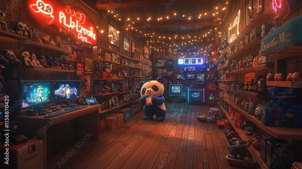 Fototapeta premium Cozy retro game store with panda.