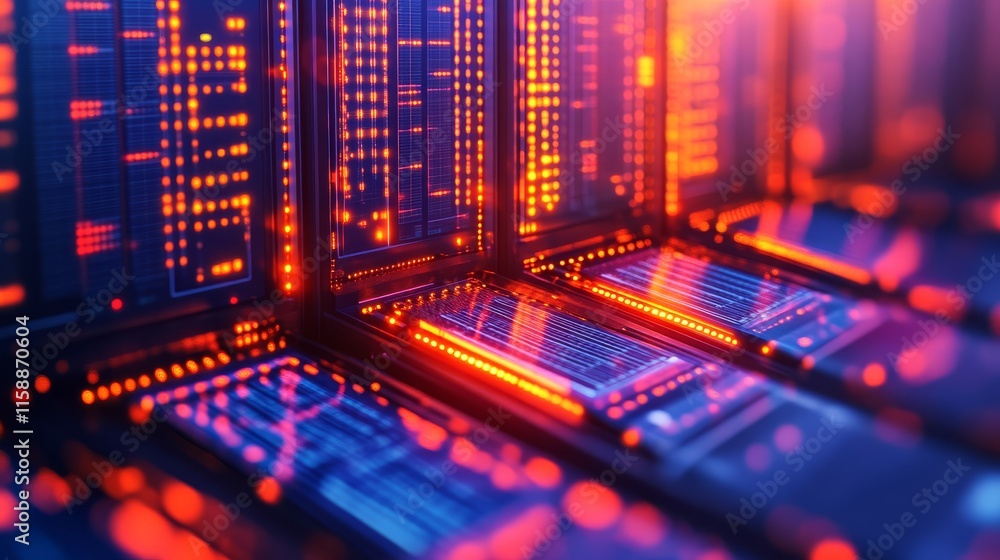 Obraz premium A vibrant, abstract depiction of data servers, showcasing glowing patterns and lights, symbolizing technology and digital information flow.