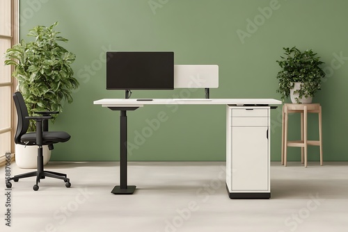 Modern adjustable height desk with monitor, plants, and chair in a minimalist office. photo