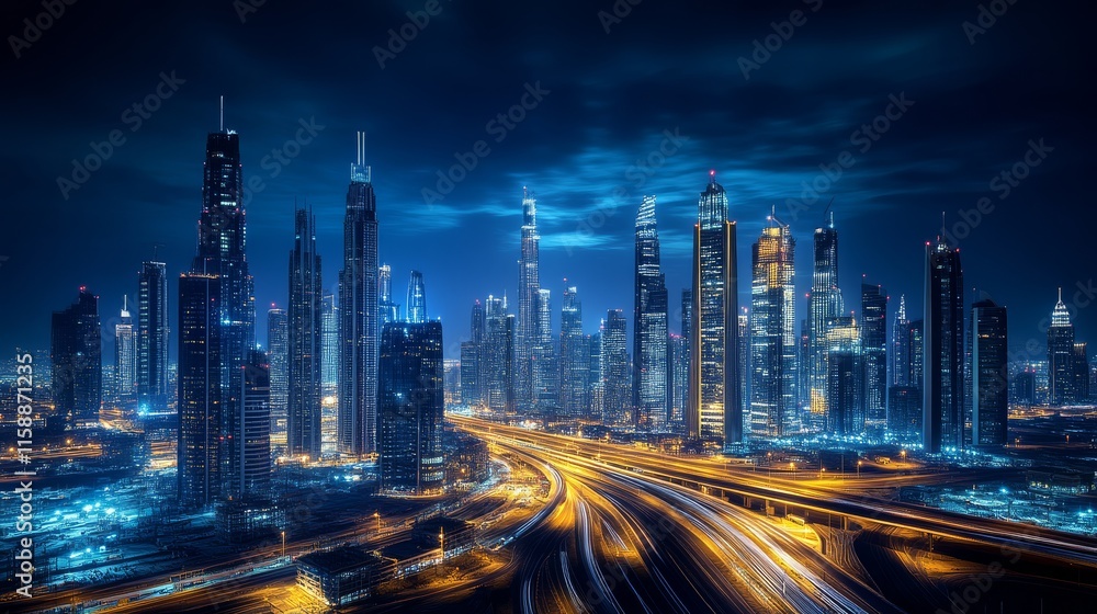 Fototapeta premium A vibrant city skyline at night, illuminated by lights, showcasing modern architecture and bustling roads under a dark blue sky.