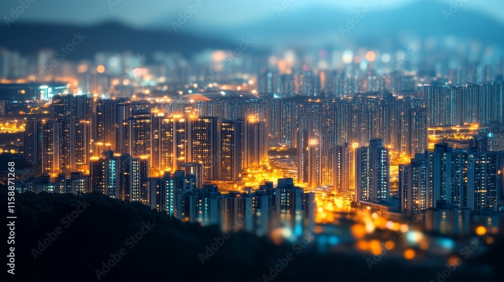 Obraz premium A vibrant city skyline illuminated at night, showcasing tall buildings and a dazzling array of lights against a misty backdrop.
