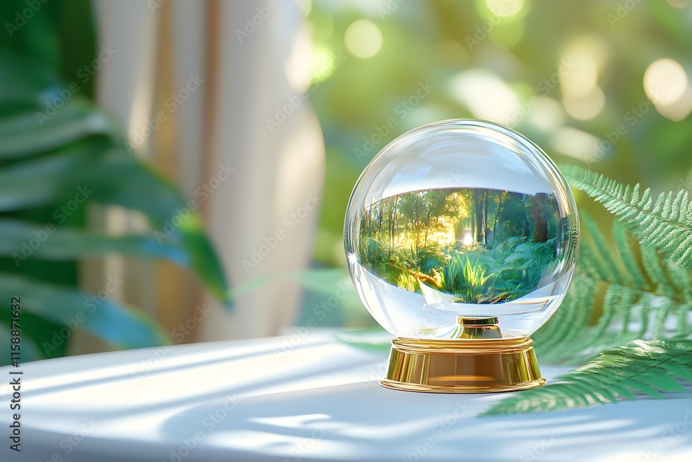 A crystal ball with the reflection of a lush green forest and ferns A crystal ball with the reflection of a lush green forest and ferns
