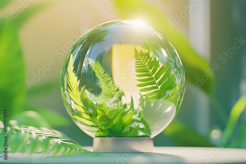 A crystal ball with the reflection of a lush green forest and ferns photo