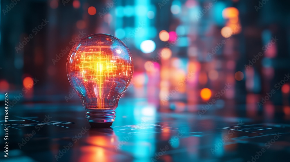 A glowing light bulb in a futuristic setting emits vibrant colors amidst a digital backdrop, symbolizing innovation and technology. A glowing light bulb in a futuristic setting emits vibrant colors amidst a digital backdrop, symbolizing innovation and technology.