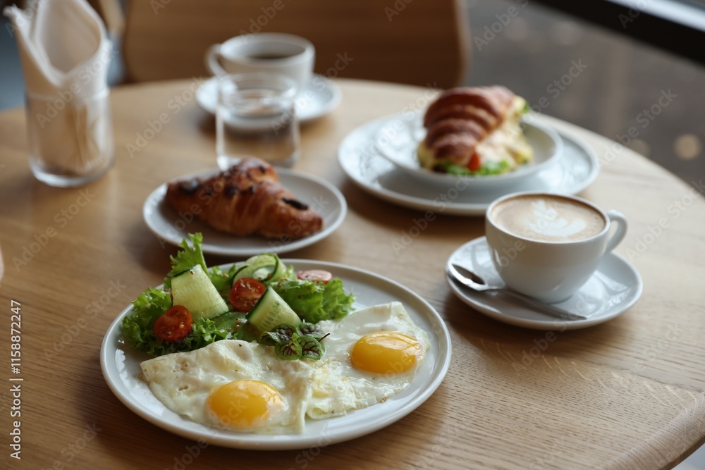 Delicious breakfast served on wooden table in cafe Delicious breakfast served on wooden table in cafe