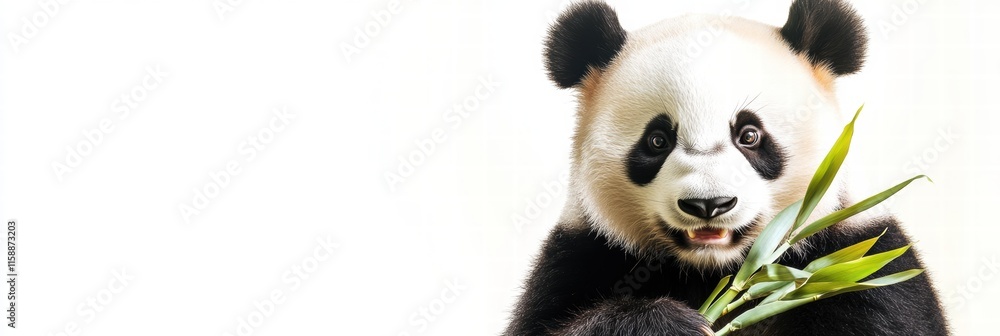Naklejka premium Cute panda holds fresh bamboo with a playful expression and plenty of space for your text or message. Generative AI