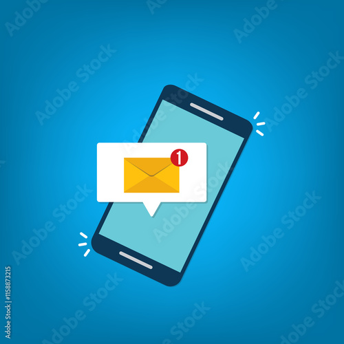 New message notification concept on smartphone. New email pop up. Incoming, open messaging. Chatting, mail, post, letter symbol, sign, emblem with new notification on phone or website photo